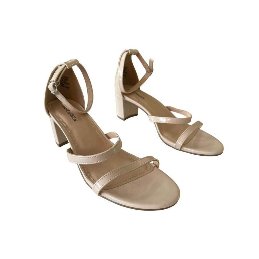 Steve Madden Nude Tan Patent Leather Ankle Strap Block Heel Sandals Sz 7 NEW